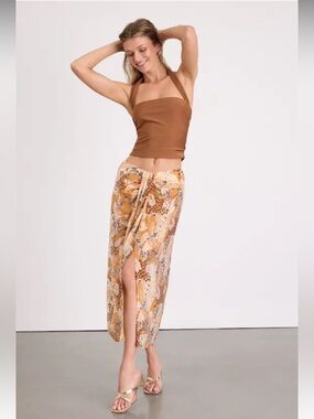 Lulu's Something Wild Brown Multi Print Twist-Front Midi Skirt NWT